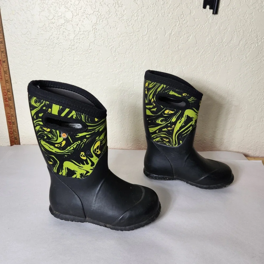 Bogs Kids York Spooky Waterproof Rain Boots Black Neon Green Ghost 72887-009 13